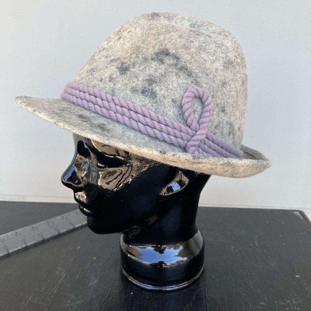 Vintage German Alpine Hat - Gray Felt with Lavender Braided Cord - Size 60